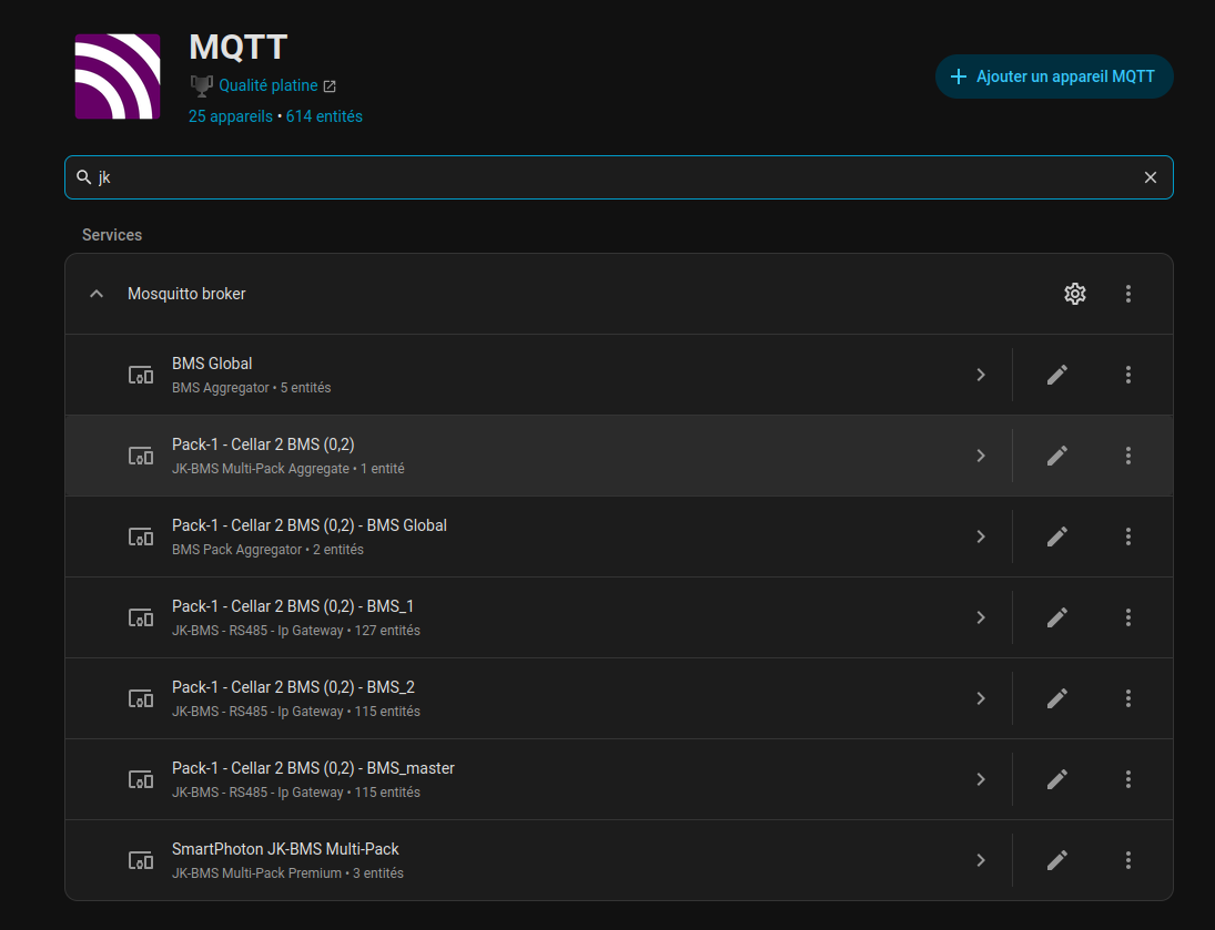 Exemple de découverte MQTT des appareils et entités JK-BMS dans Home Assistant