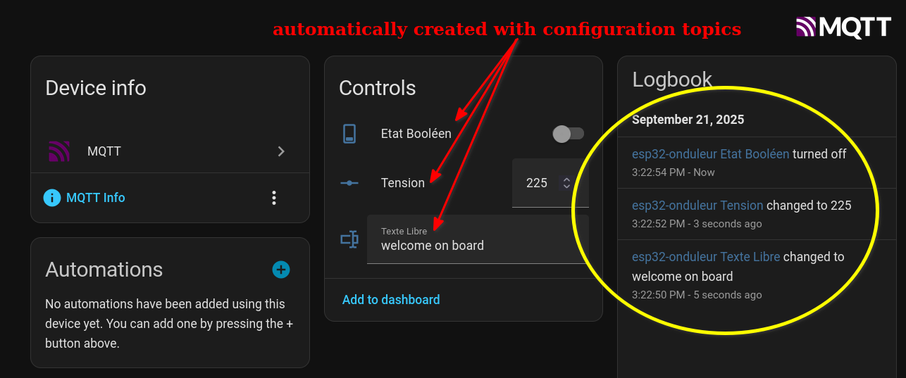 Exemple du dépôt : entités créées dans Home Assistant à partir des topics de configuration.